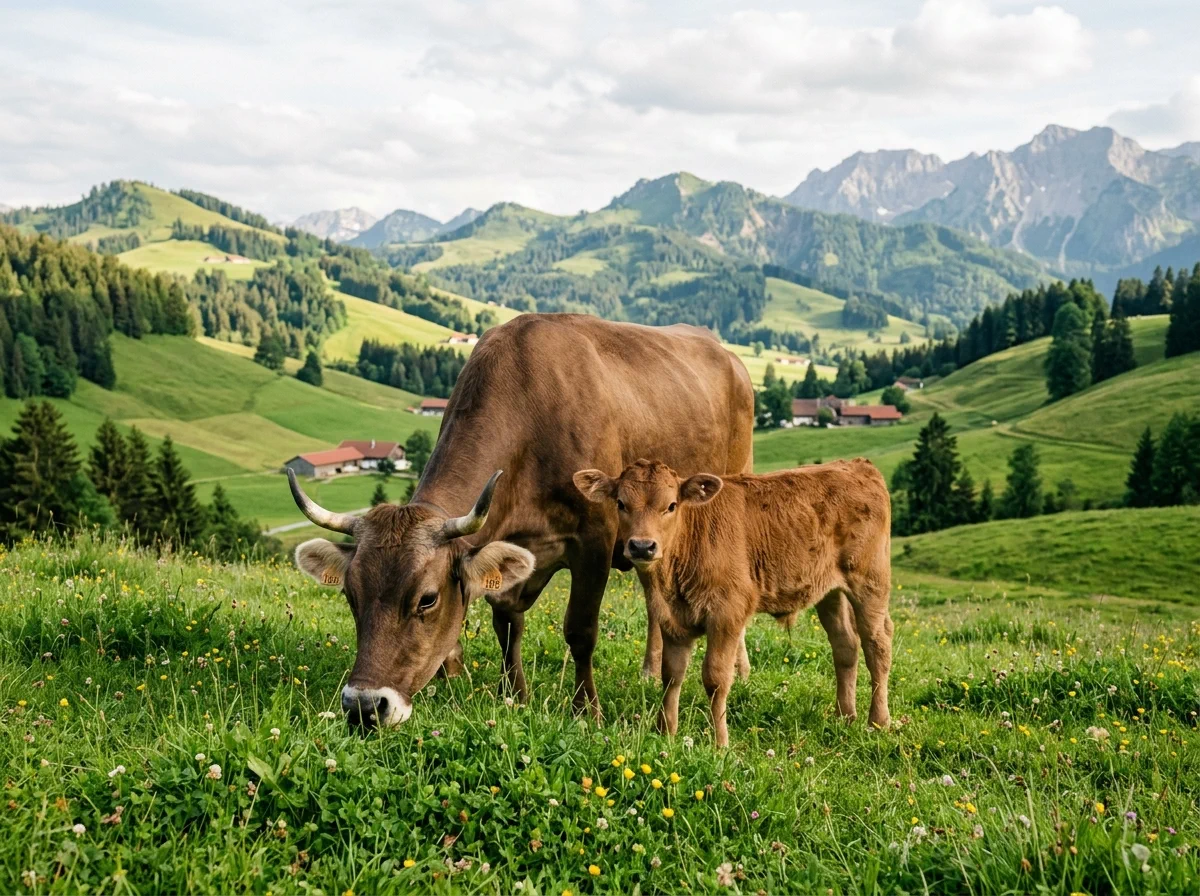 Ein Kalb neben einer grasenden Hornkuh auf einer Bergweide, KI-generiertes Symbolbild